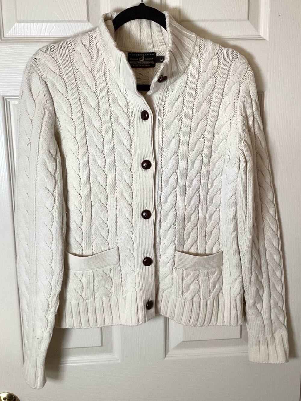 Guideboat Co. Cream Cable Knit Button-Front Women's Wool Cardigan Sweater - M